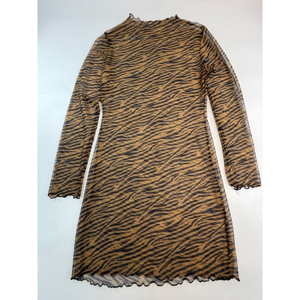 Brown Tiger Stripe Mesh Mock Neck Long Sleeve Lettuce Edge Mini Dress Womens
